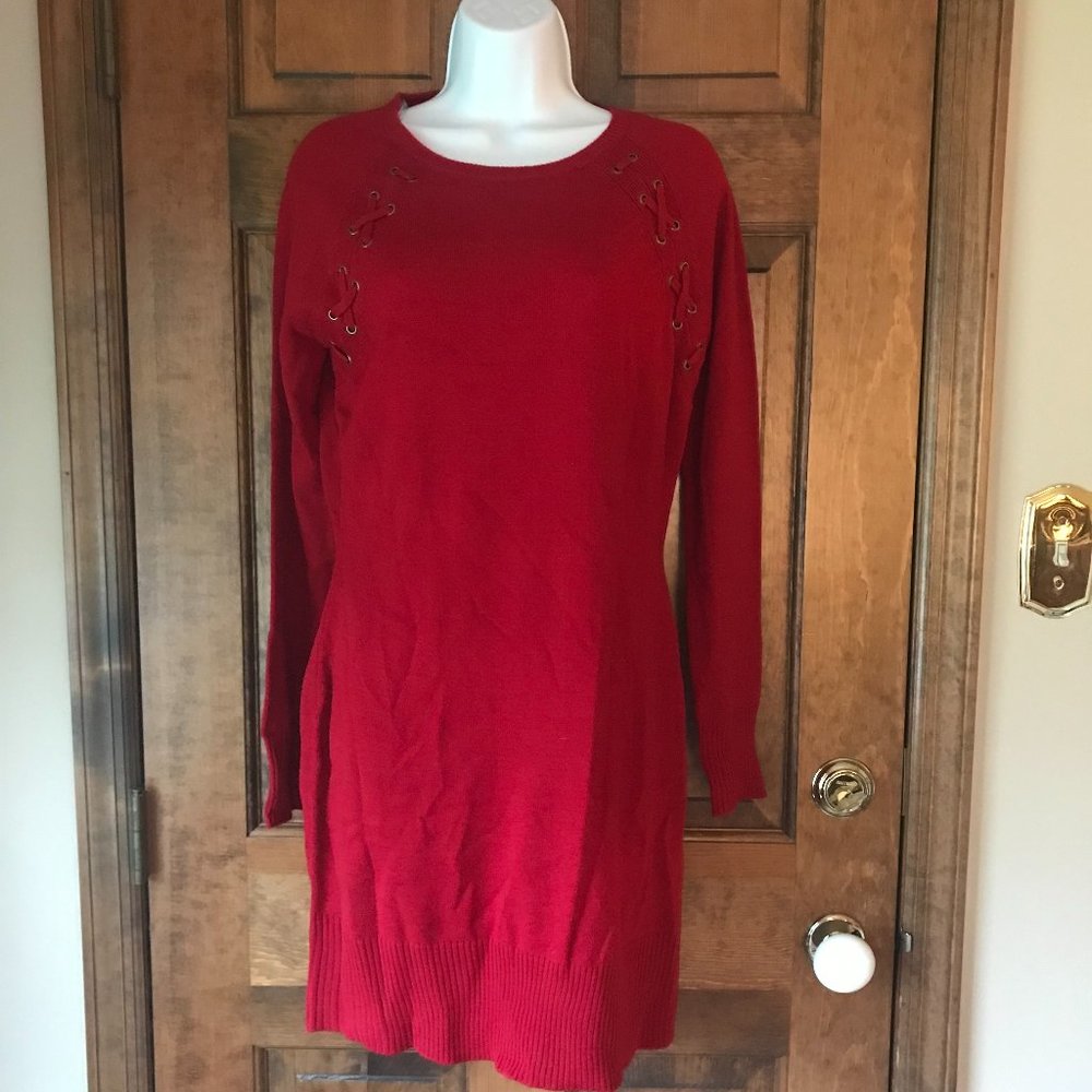 By & By Red Long Sleeve Sweater Dress w/Crisscross Shoestring Accents Large